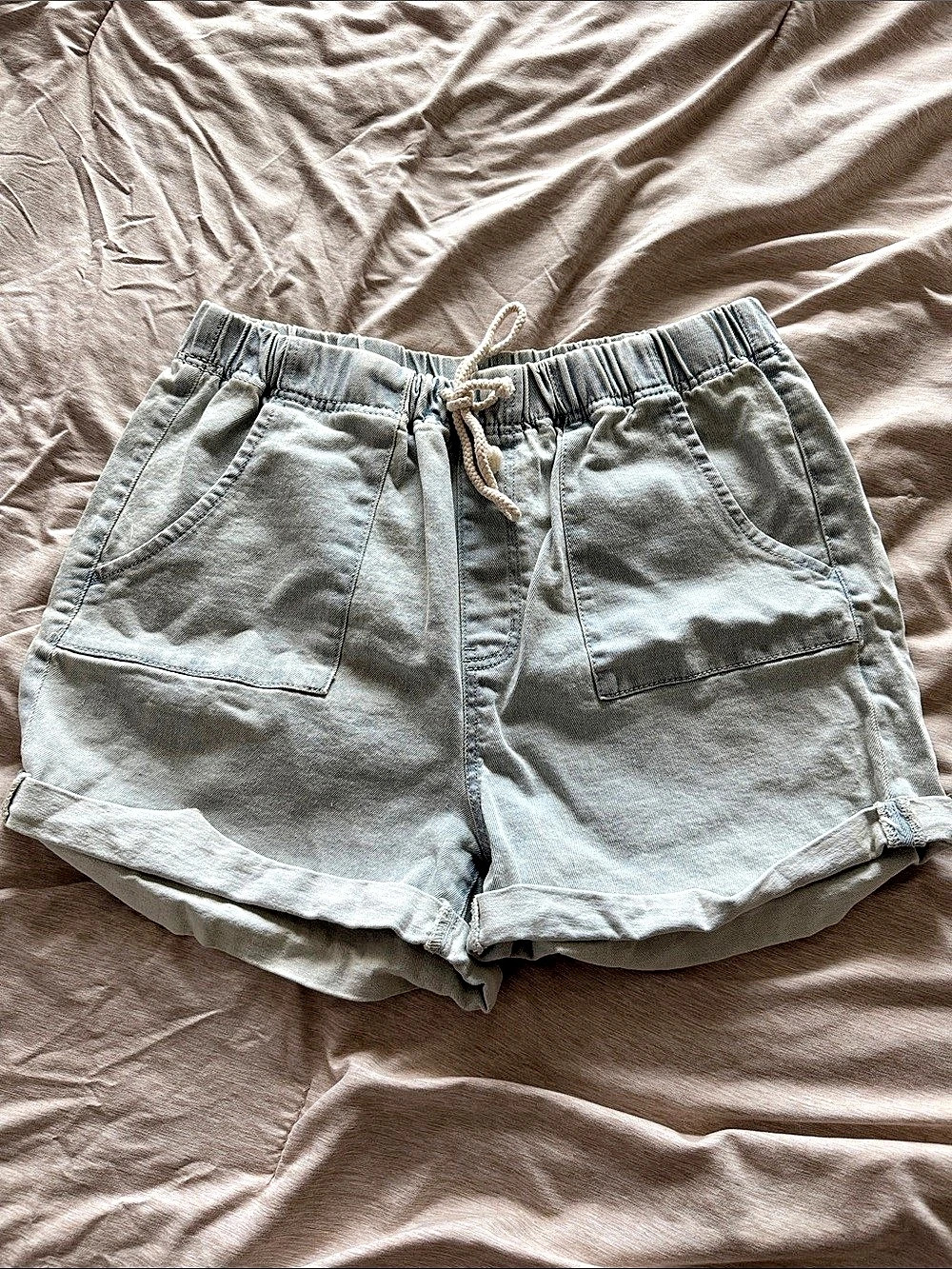 No Boundaries Drawstring Elastic Waist Denim Shorts Green XXXL